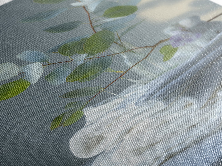 Sunlit White Towels and Eucalyptus Branch Canvas Print, Laundry Room Art, Retro Wall Art, Living Room Decor, Watercolor Art, LRA-2x3-91