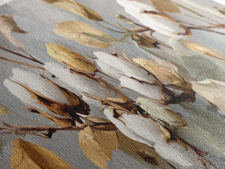 Fresh Cotton Branch Botanical Study Canvas Print, Laundry Room Art, Textured Painting, Living Room Decor, Fine Art, Clean, LRA-3x1-95