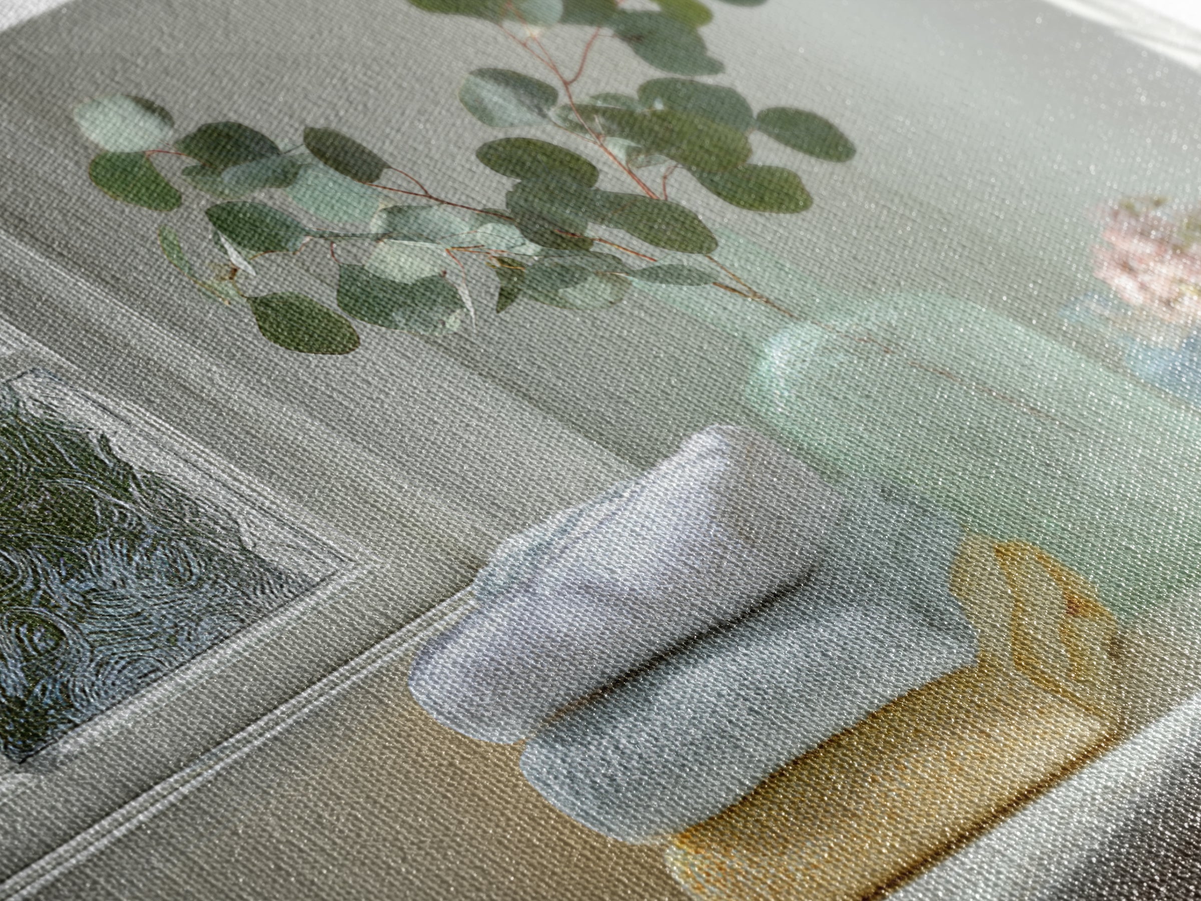 Sunlit White Towels and Eucalyptus Branch Framed Canvas Print, Laundry Room Art, New Home Gift, Living Room Decor, LRA-3x2-15