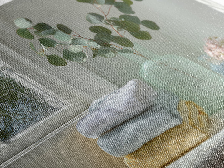 Sunlit White Towels and Eucalyptus Branch Framed Canvas Print, Laundry Room Art, New Home Gift, Living Room Decor, LRA-3x2-15