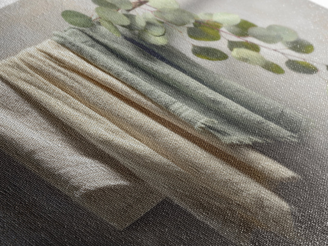 Sunlit White Towels and Eucalyptus Branch Framed Canvas Print, Laundry Room Art, Neutral Decor, Living Room Decor, LRA-3x2-39