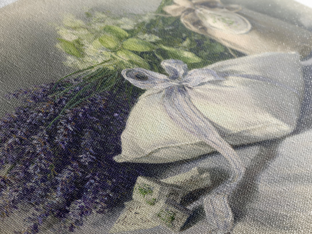 Lavender Sachet and Ribbon Still Life Framed Canvas Print, Laundry Room Art, Downloadable Art, Living Room Decor, Clean, LRA-3x2-45