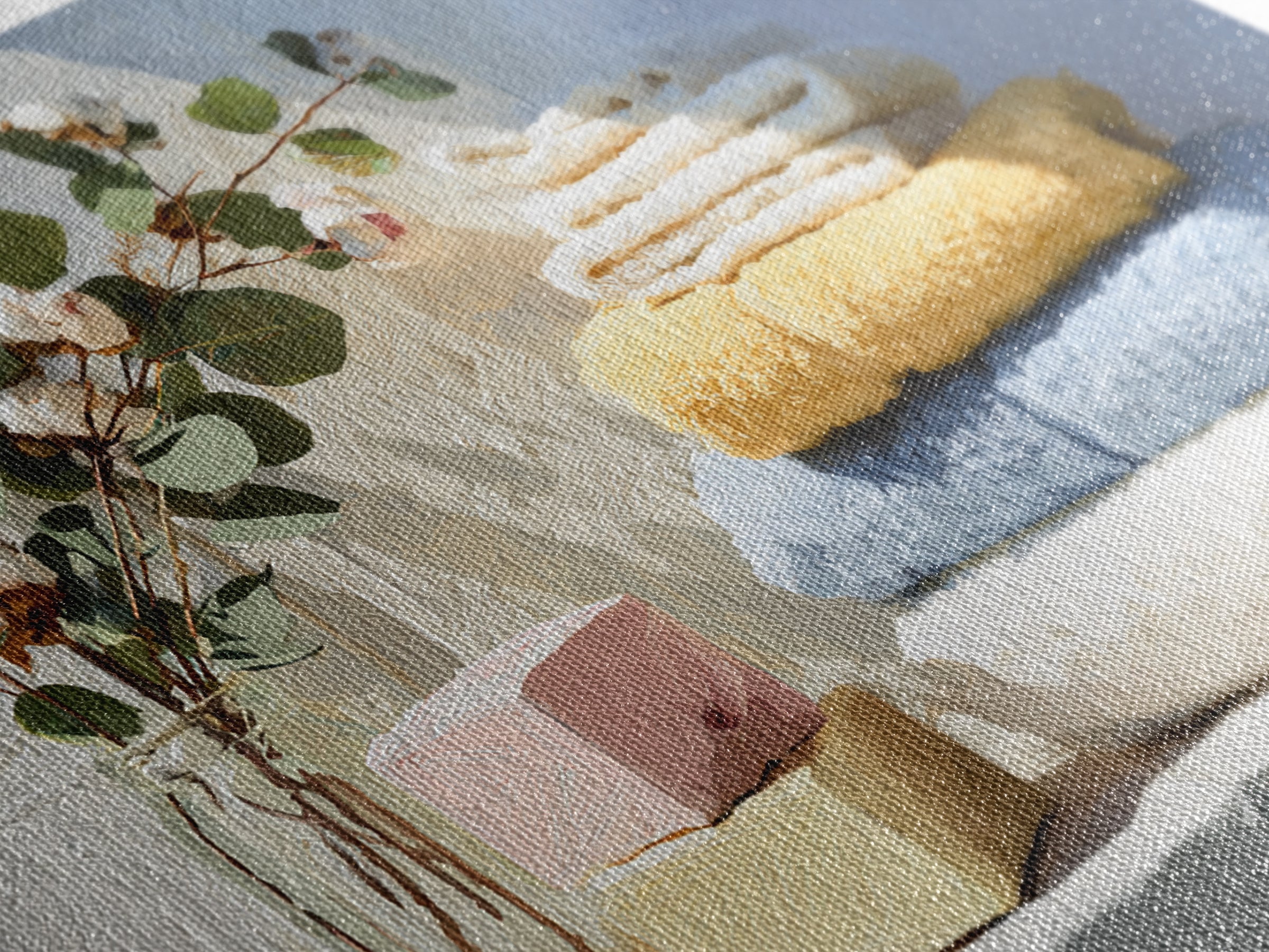 Sunlit White Towels and Eucalyptus Branch Framed Canvas Print, Laundry Room Art, Fine Art Print, Living Room Decor, Clean, LRA-3x2-87