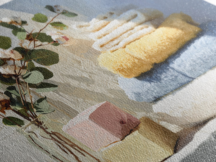 Sunlit White Towels and Eucalyptus Branch Framed Canvas Print, Laundry Room Art, Fine Art Print, Living Room Decor, Clean, LRA-3x2-87