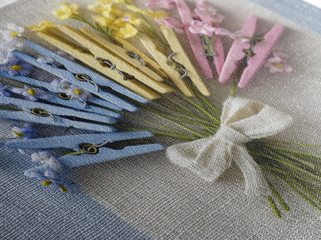 Clothespin Bouquet in Folk Art Style Framed Canvas Print, Laundry Room Art, Art Print, Living Room Decor, Fine Art, Clean, LRA-3x2-96