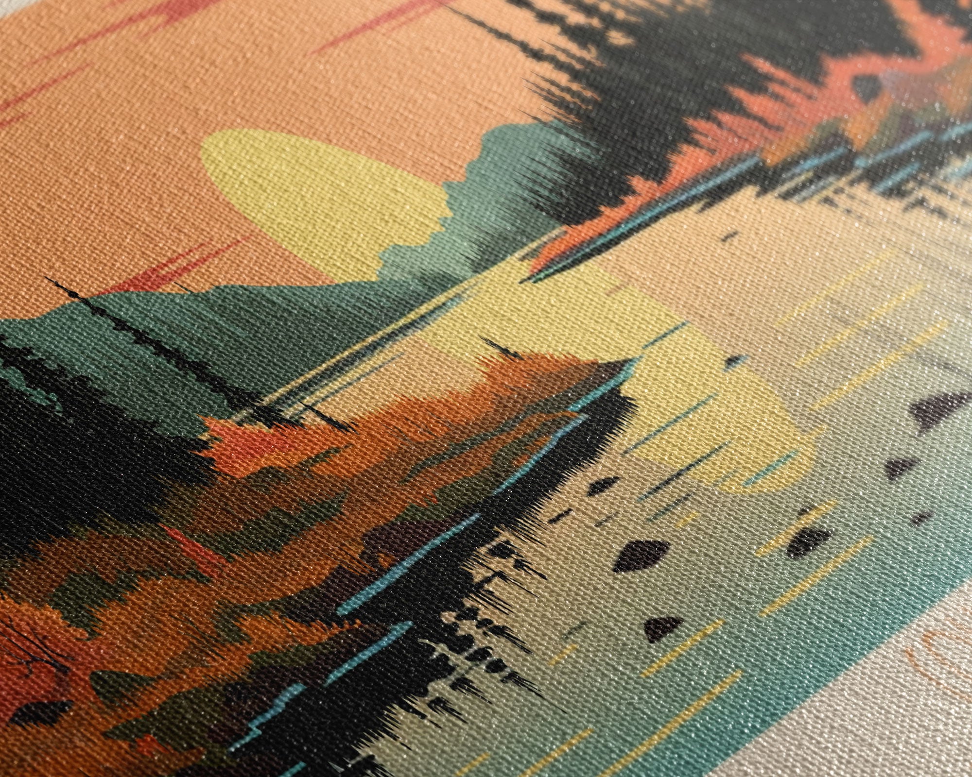 Colville Lake Northwest Territories Framed Canvas Print, Pop Art Panoramic Travel Poster, Bedroom Decor, Midcentury Modern, Wall Art, Scenic Lake House, Nature Art