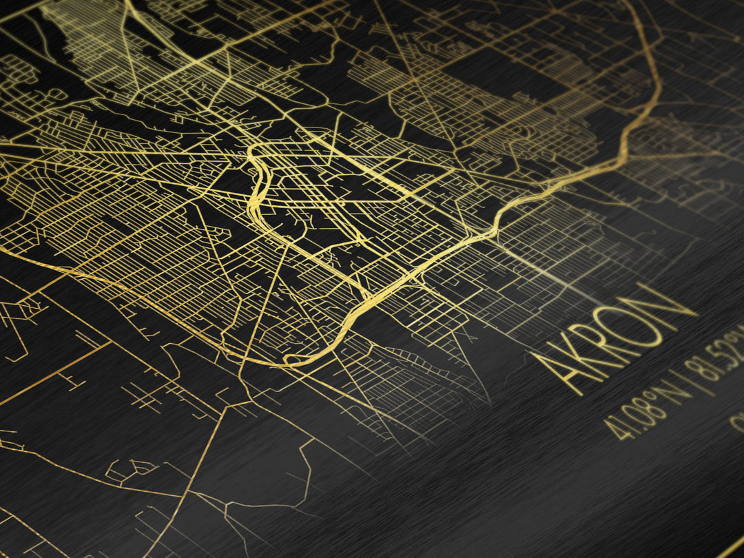 Akron Ohio City street map, Metallic Gold Print, Metal Art, wood framed map, black and gold, Street Map Art, Modern Wall Art, Housewarming Gift
