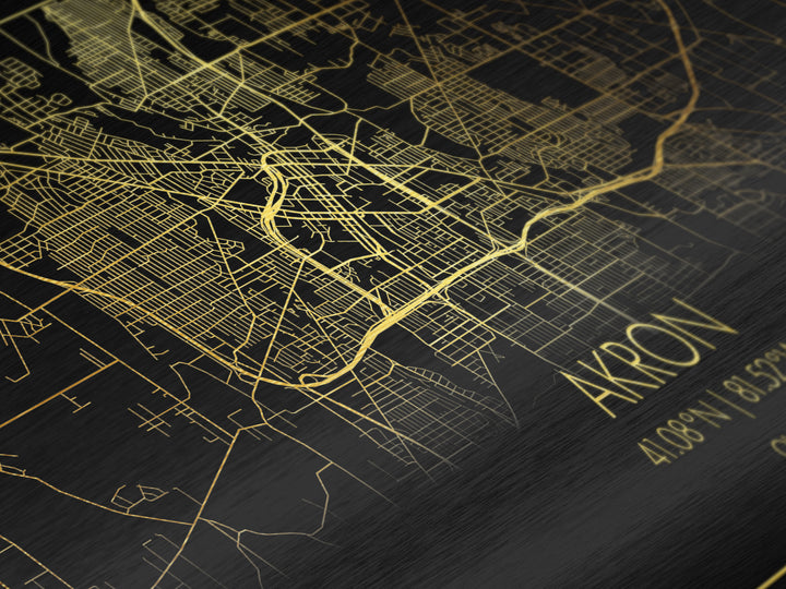 Akron Ohio City street map, Metallic Gold Print, Metal Art, wood framed map, black and gold, Street Map Art, Modern Wall Art, Housewarming Gift