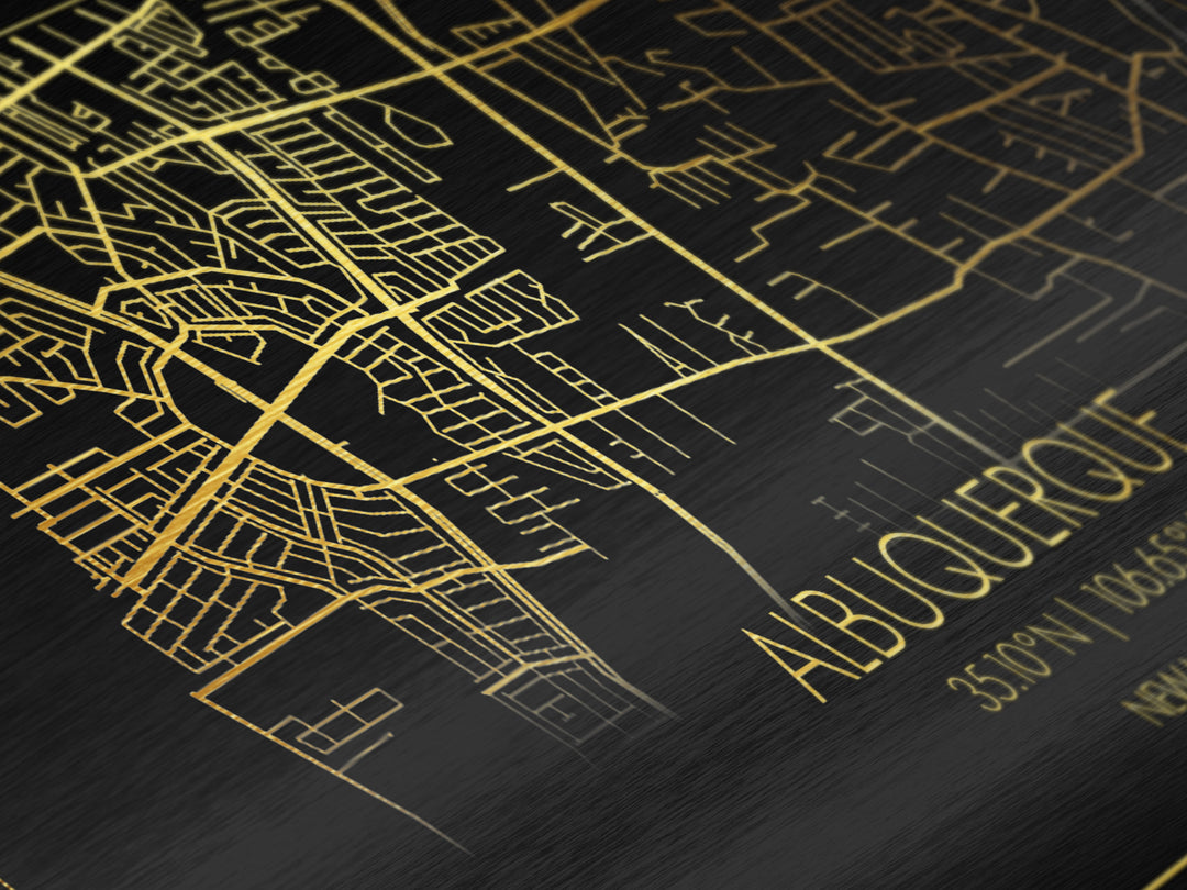 Albuquerque New Mexico City Poster, Metallic Gold Art, Metal Art, real wood frames, black and gold, Street Map Wall Art, Gold Street Map Art