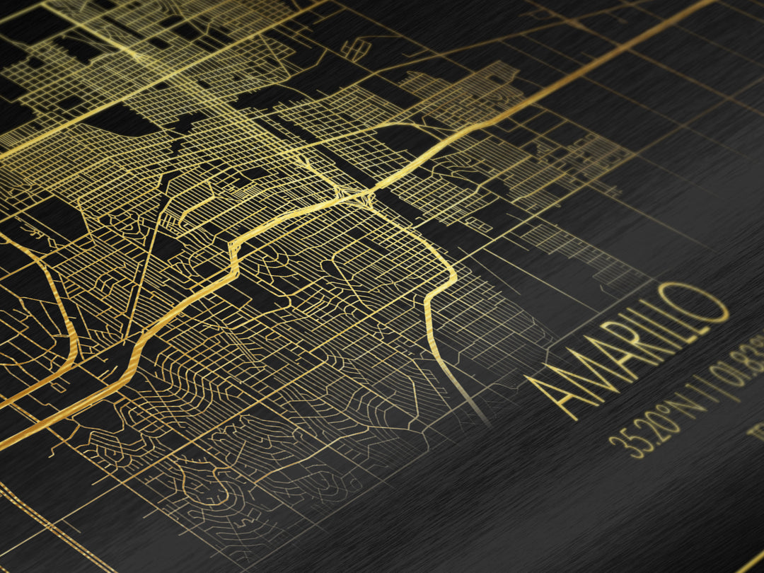 Amarillo Texas City street map, Metallic Gold Print, Metal Art, wood framed map, black and gold, Street Map Art, Minimalist Wall Art, Modern House Art