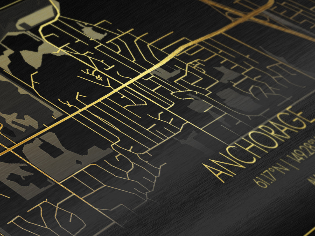 Anchorage Alaska City street map, Metallic Gold Print, Metal Art, wood framed map, black and gold, Street Map Wall Art, Best Friend Gifts, Modern Wall Art