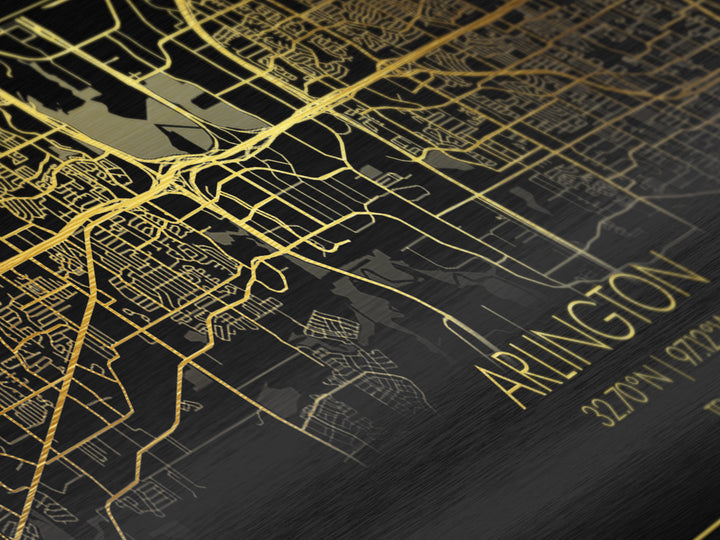 Arlington Texas City Poster, Metallic Gold Art, Metal Art, real wood frames, black and gold, Street Map Art, College Dorm Décor, Wall Art, Map Art