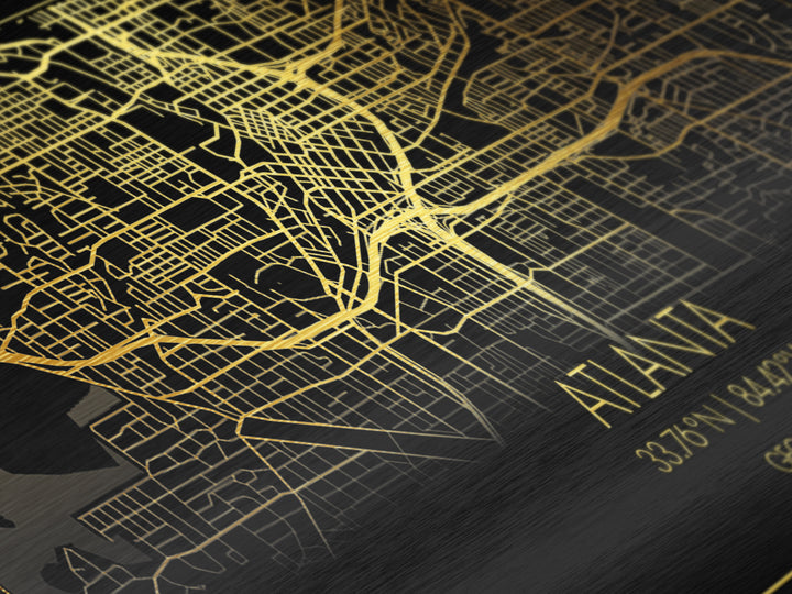 Atlanta Georgia City Poster, Metallic Gold Art, Metal Art, real wood frames, black and gold, Street Map Wall Art, Office Decor, Real Wood Frames