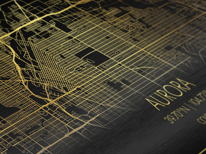 Aurora Colorado City Poster, Metallic Gold Art, Metal Art, real wood frames, black and gold, Street Map Art, Travel Poster, Gold Street Map Art