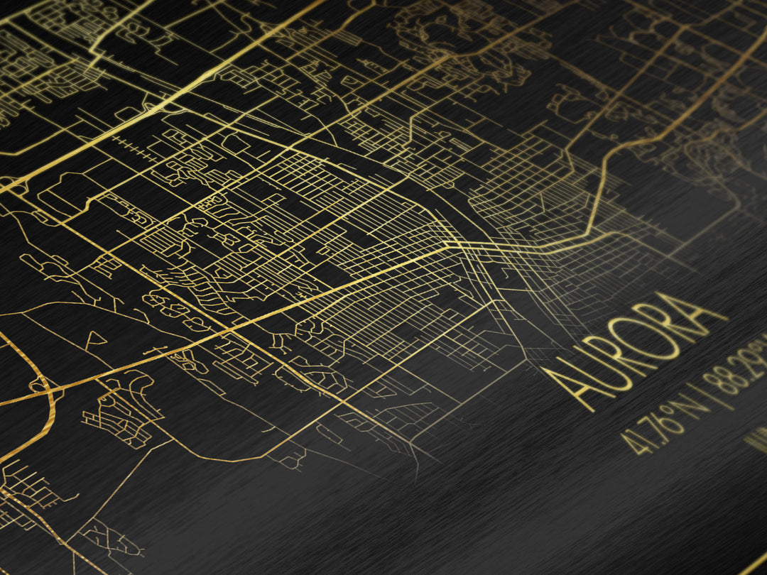 Aurora Illinois City street map, Metallic Gold Print, Metal Art, wood framed map, black and gold, Street Map Art, Map Print Poster, Housewarming Gift