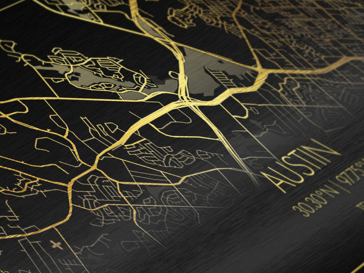 Austin Texas City Poster, Metallic Gold Art, Metal Art, real wood frames, black and gold, Map Art, Real Wood Frames, Travel Poster, Street Map Art