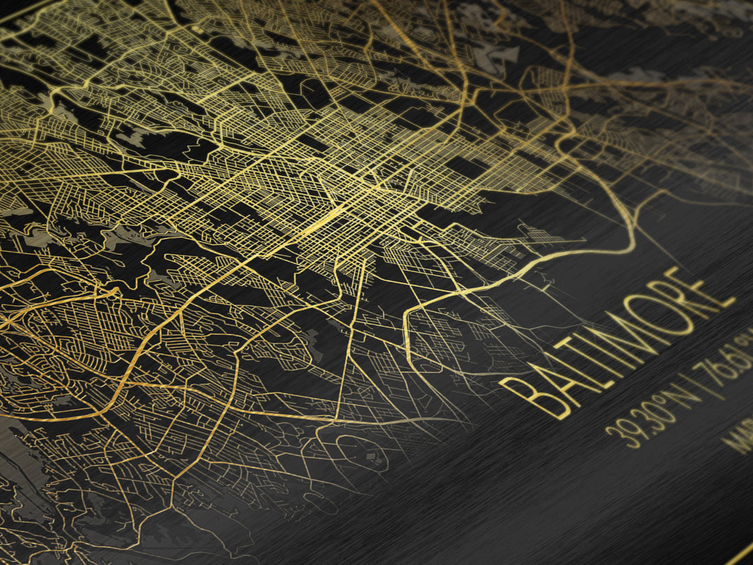 Baltimore Maryland City street map, Metallic Gold Print, Metal Art, wood framed map, black and gold, Street Map Art, Office Decor, Real Wood Frames