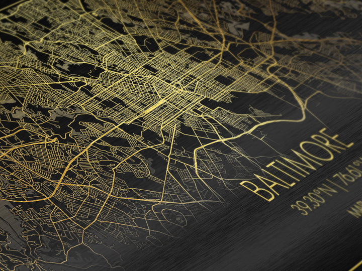 Baltimore Maryland City street map, Metallic Gold Print, Metal Art, wood framed map, black and gold, Street Map Art, Office Decor, Real Wood Frames
