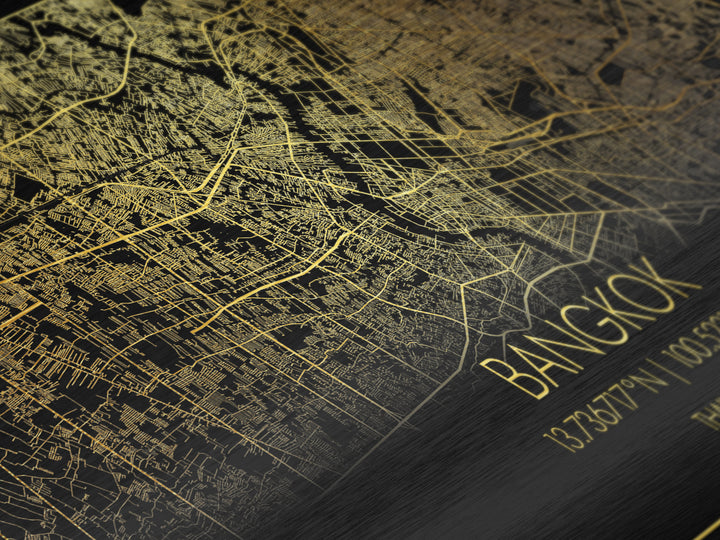 Bangkok Thailand City Poster, Metallic Gold Art, Metal Art, real wood frames, black and gold, Street Map Wall Art, Travel Poster, College Dorm Décor