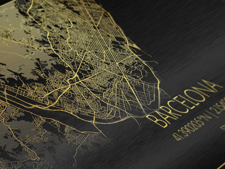 Barcelona Spain City street map, Metallic Gold Print, Metal Art, wood framed map, black and gold, Gold Street Map Art, Street Map Art, Modern House Art