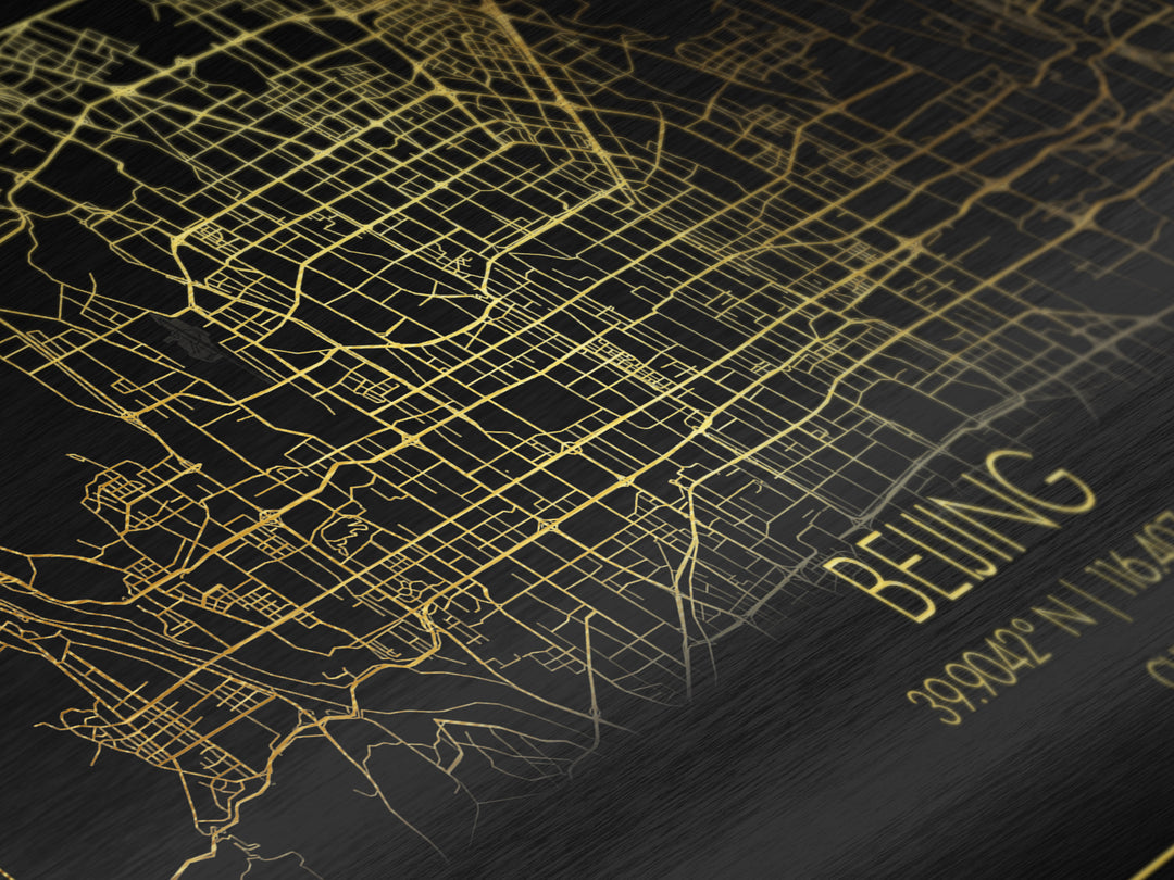 Beijing China City street map, Metallic Gold Print, Metal Art, wood framed map, black and gold, Street Map Art, Best Friend Gifts, Travel Poster