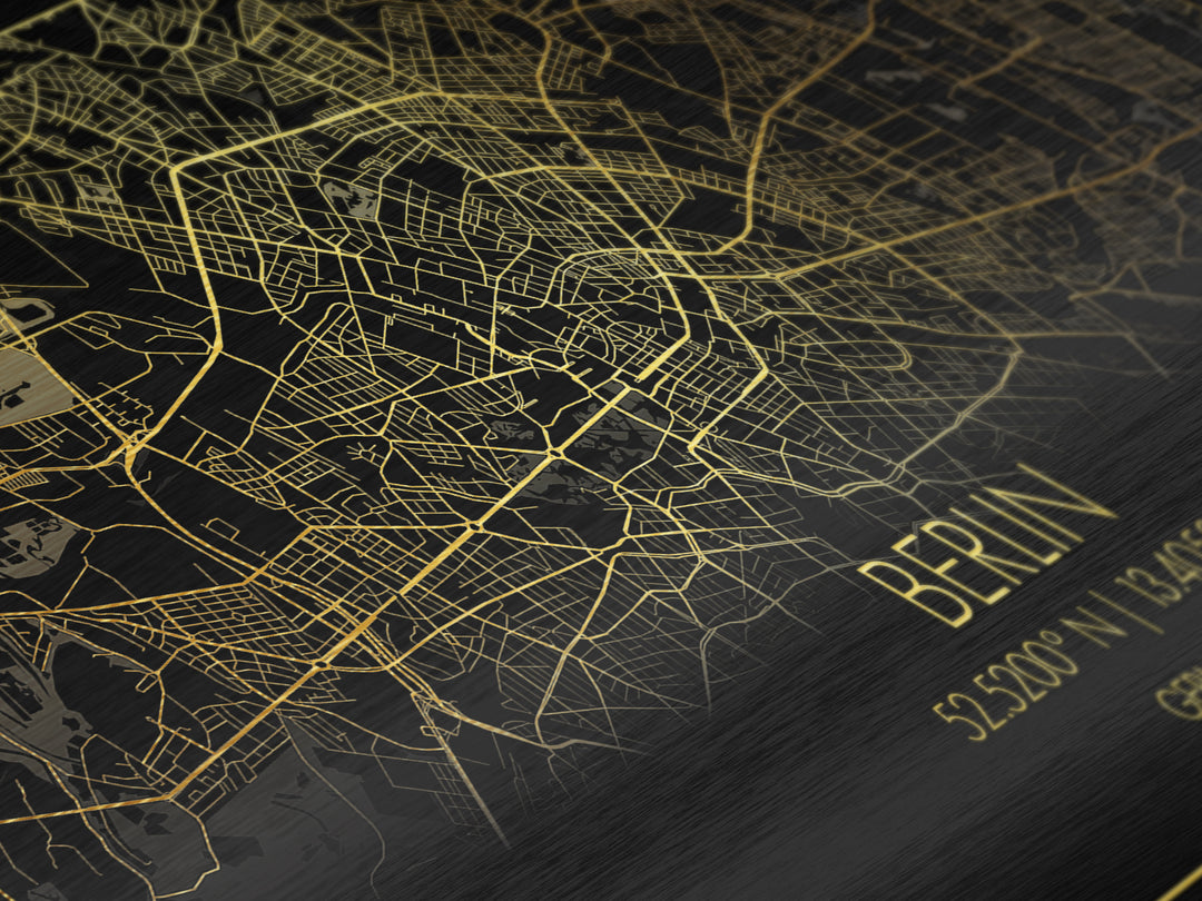 Berlin Germany City Poster, Metallic Gold Art, Metal Art, real wood frames, black and gold, Street Map Wall Art, Map Art, Real Wood Frames