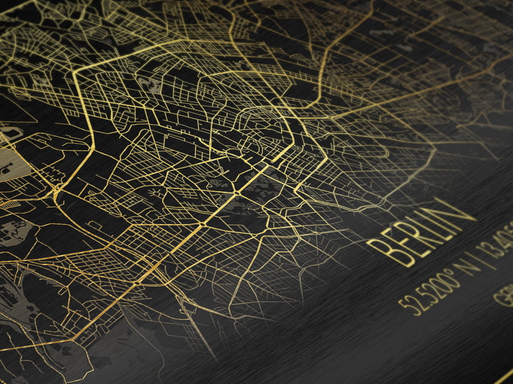 Berlin Germany City Poster, Metallic Gold Art, Metal Art, real wood frames, black and gold, Street Map Wall Art, Map Art, Real Wood Frames