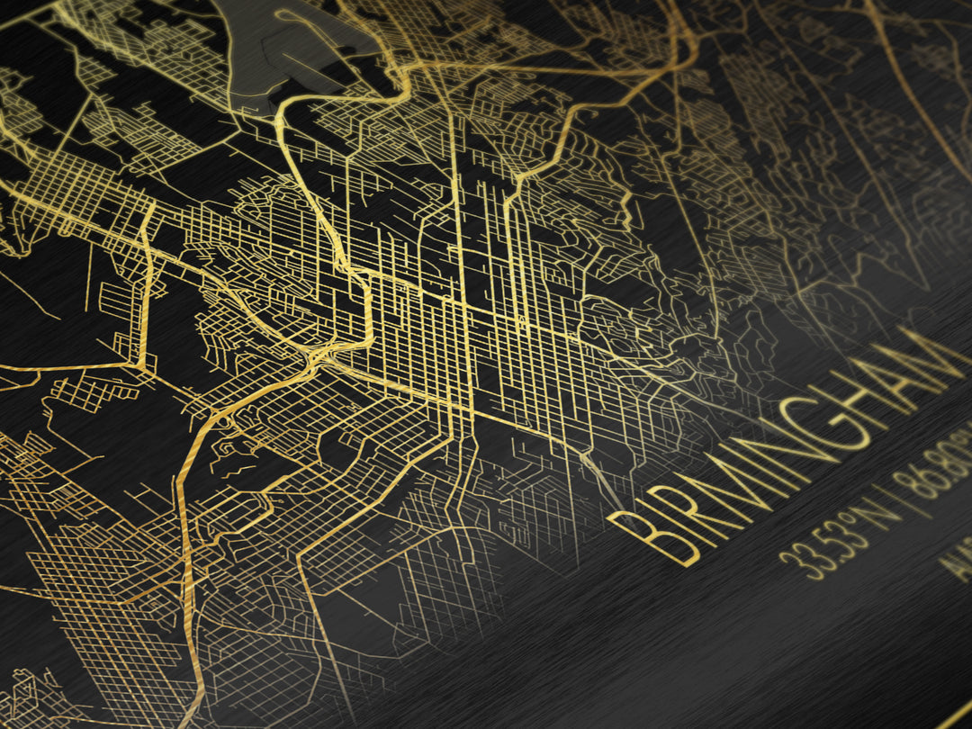 Birmingham Alabama City street map, Metallic Gold Print, Metal Art, wood framed map, black and gold, Travel Poster, Street Map Art, Housewarming Gift