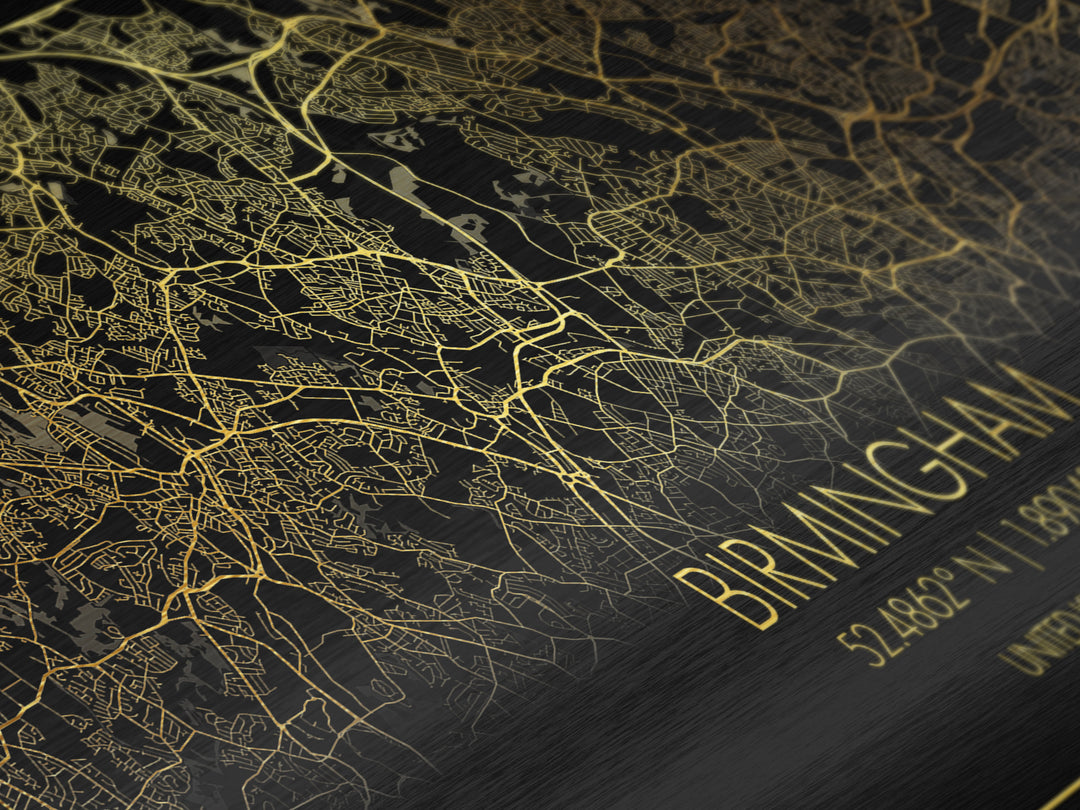 Birmingham United Kingdom City Poster, Metallic Gold Art, Metal Art, real wood frames, black and gold, Street Map Art, Gold Street Map Art, Office Decor