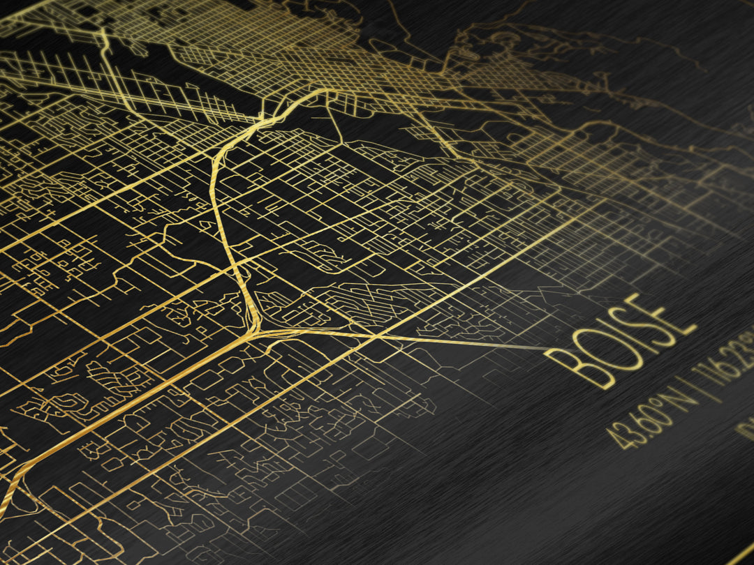 Boise Idaho City street map, Metallic Gold Print, Metal Art, wood framed map, black and gold, Map Art, Street Map Wall Art, College Dorm Décor
