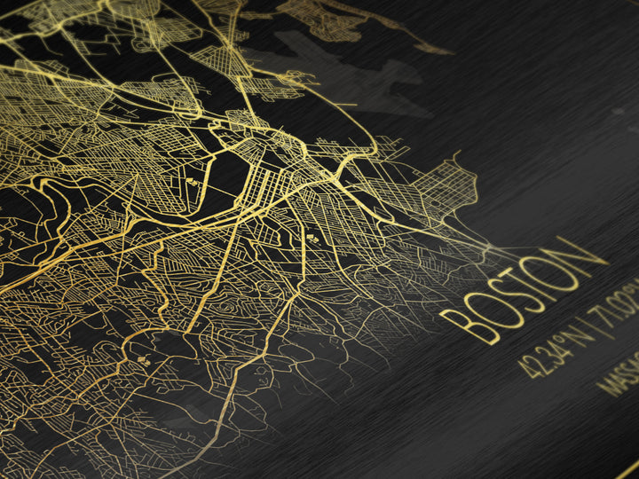 Boston Massachusetts City Poster, Metallic Gold Art, Metal Art, real wood frames, black and gold, Street Map Art, Modern Wall Art