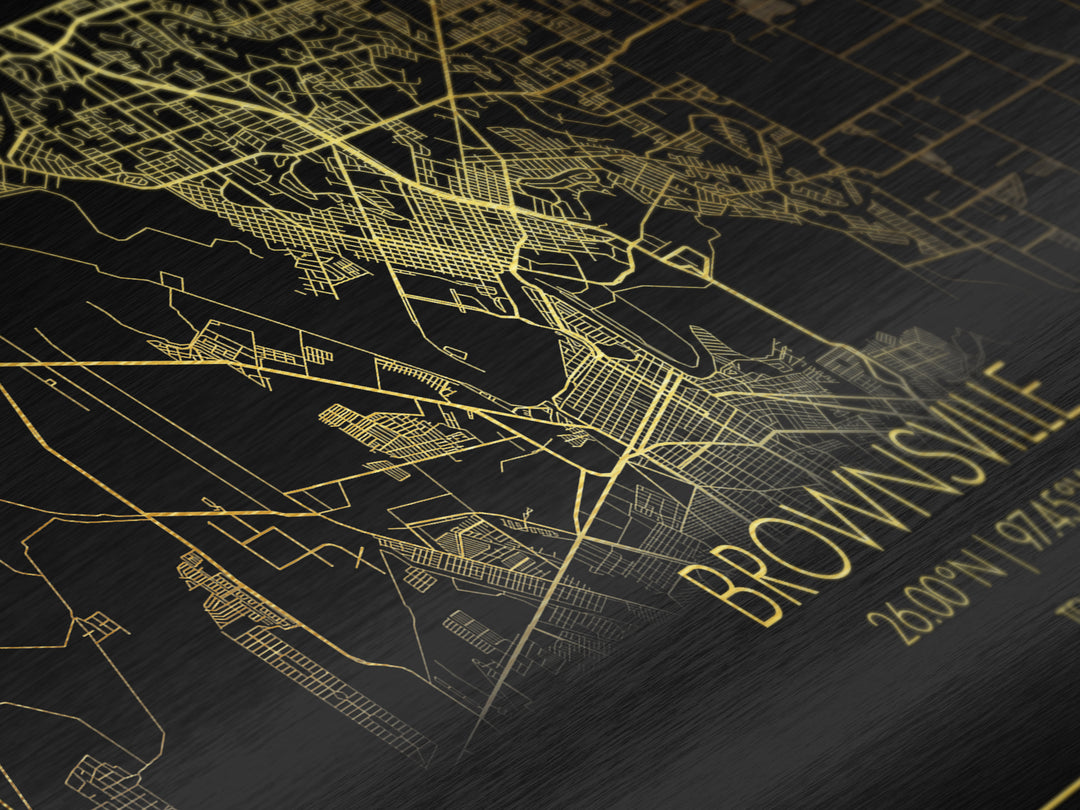 Brownsville Texas City street map, Metallic Gold Print, Metal Art, wood framed map, black and gold, Travel Poster, Street Map Art, Gold Street Map Art