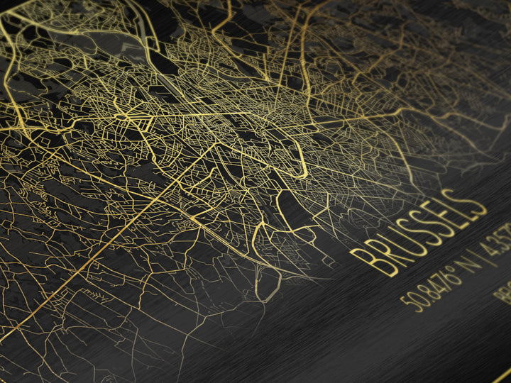 Brussels Belgium City Poster, Metallic Gold Art, Metal Art, real wood frames, black and gold, Street Map Wall Art, Best Friend Gifts, Modern House Art