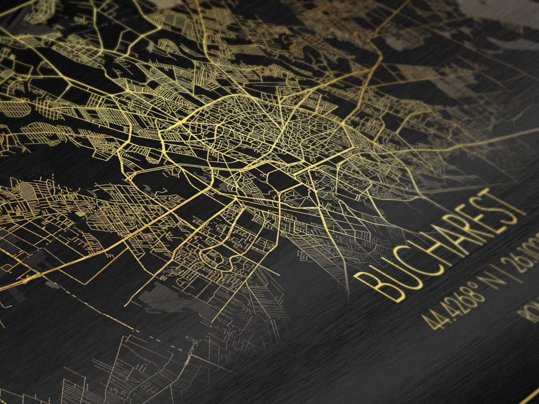 Bucharest Romania City street map, Metallic Gold Print, Metal Art, wood framed map, black and gold, Map Art, Street Map Art, Travel Poster