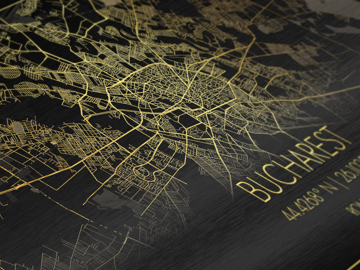 Bucharest Romania City street map, Metallic Gold Print, Metal Art, wood framed map, black and gold, Map Art, Street Map Art, Travel Poster