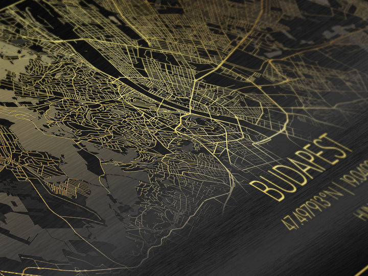 Budapest Hungary City Poster, Metallic Gold Art, Metal Art, real wood frames, black and gold, Street Map Wall Art, Real Wood Frames, Housewarming Gift