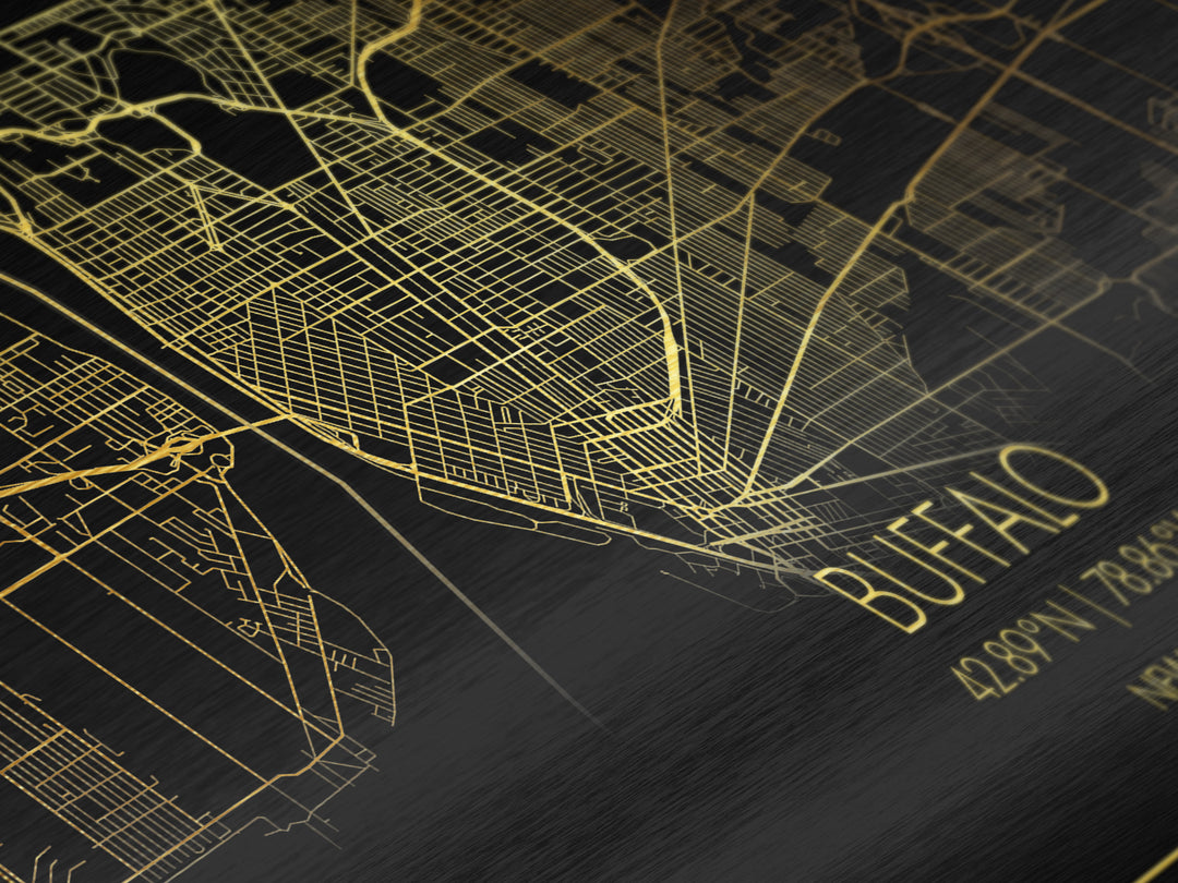 Buffalo New York City street map, Metallic Gold Print, Metal Art, wood framed map, black and gold, Street Map Art, Gold Street Map Art, Modern Wall Art
