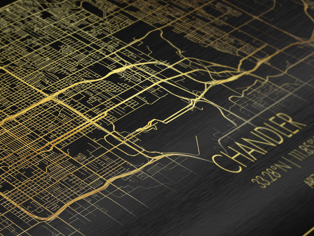 Chandler Arizona City street map, Metallic Gold Print, Metal Art, wood framed map, black and gold, Street Map Art, Housewarming Gift