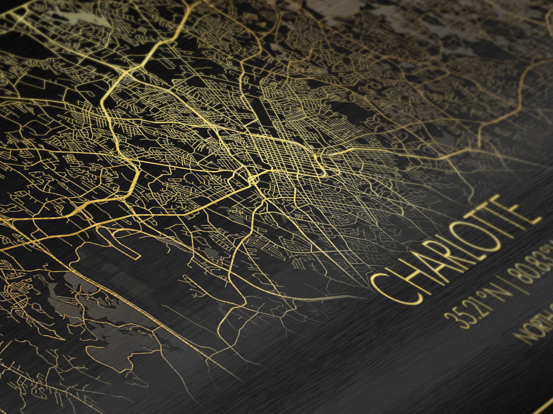 Charlotte North Carolina City Poster, Metallic Gold Art, Metal Art, real wood frames, black and gold, Street Map Wall Art, Gold Street Map Art