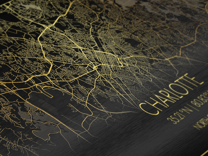 Charlotte North Carolina City Poster, Metallic Gold Art, Metal Art, real wood frames, black and gold, Street Map Wall Art, Gold Street Map Art