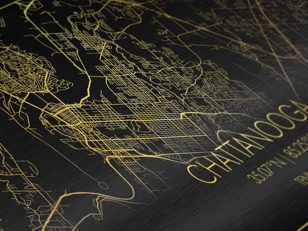 Chattanooga Tennessee City street map, Metallic Gold Print, Metal Art, wood framed map, black and gold, Modern Wall Art, Map Art, Travel Poster