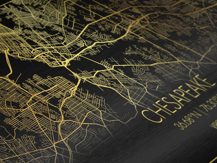 Chesapeake Virginia City Poster, Metallic Gold Art, Metal Art, real wood frames, black and gold, Street Map Art, Minimalist Wall Art, Office Decor