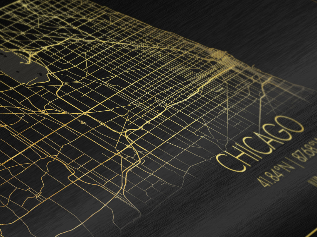 Chicago Illinois City street map, Metallic Gold Print, Metal Art, wood framed map, black and gold, Street Map Wall Art, College Dorm Décor
