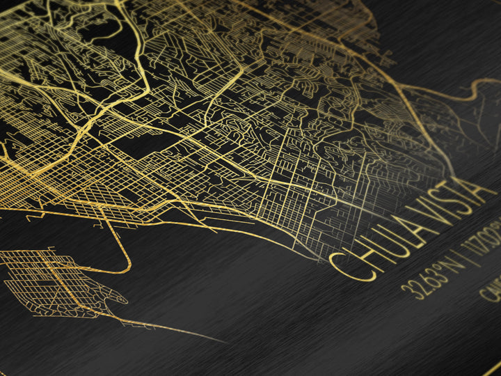 Chula Vista California City Poster, Metallic Gold Art, Metal Art, real wood frames, black and gold, Map Print Poster, Travel Poster, Modern House Art