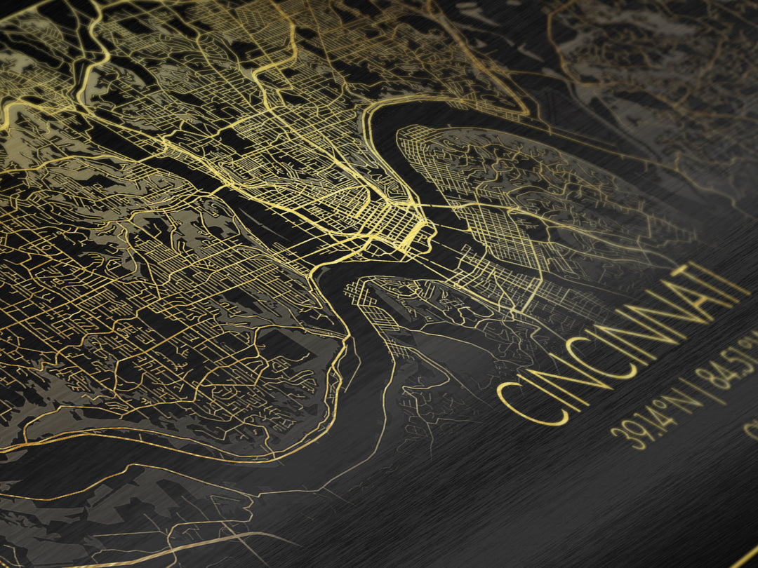 Cincinnati Ohio City street map, Metallic Gold Print, Metal Art, wood framed map, black and gold, Gold Street Map Art, Street Map Art, Best Friend Gifts