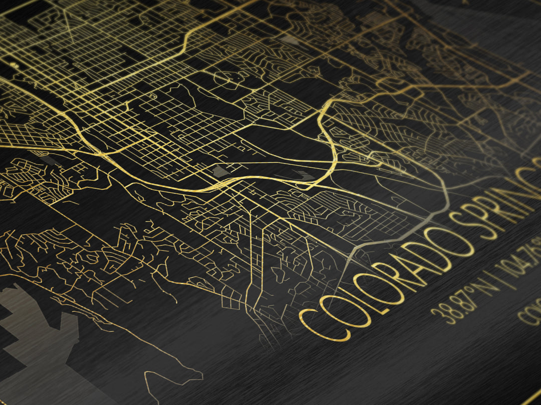 Colorado Springs Colorado City Poster, Metallic Gold Art, Metal Art, real wood frames, black and gold, Street Map Wall Art, Travel Poster, Map Art