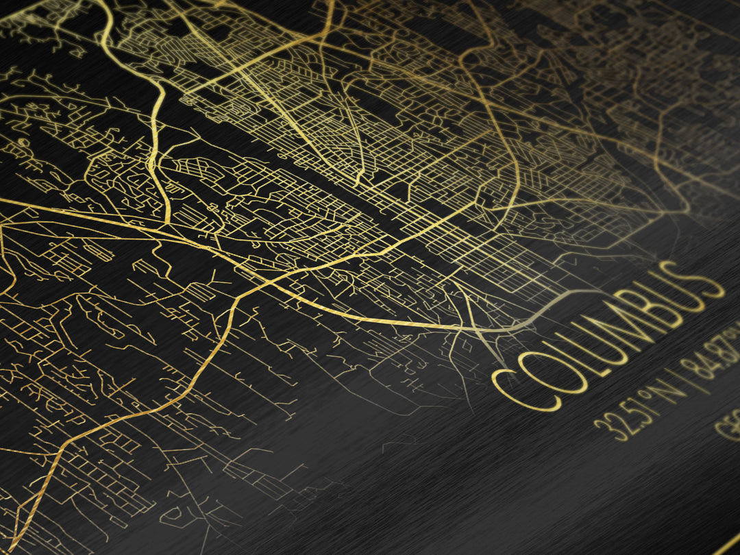 Columbus Georgia City street map, Metallic Gold Print, Metal Art, wood framed map, black and gold, Street Map Art, Housewarming Gift