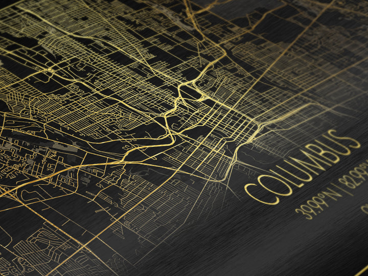 Columbus Ohio City Poster, Metallic Gold Art, Metal Art, real wood frames, black and gold, Street Map Wall Art, Map Art, Real Wood Frames