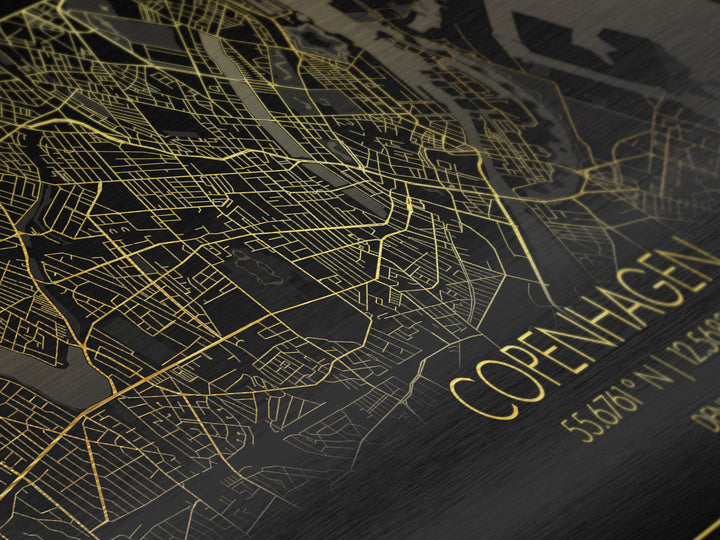 Copenhagen Denmark City street map, Metallic Gold Print, Metal Art, wood framed map, black and gold, Travel Poster, Street Map Art, Modern Wall Art