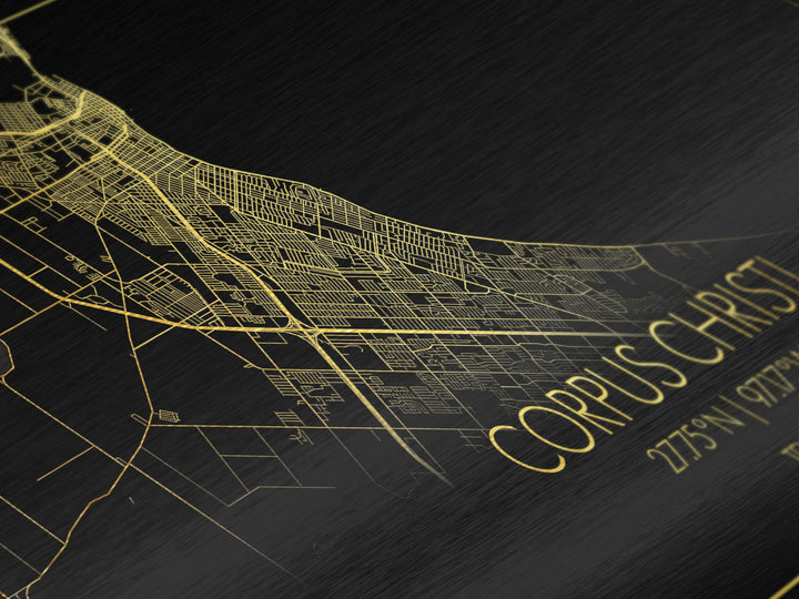 Corpus Christi Texas City Poster, Metallic Gold Art, Metal Art, real wood frames, black and gold, Street Map Art, Gold Street Map Art, Office Decor